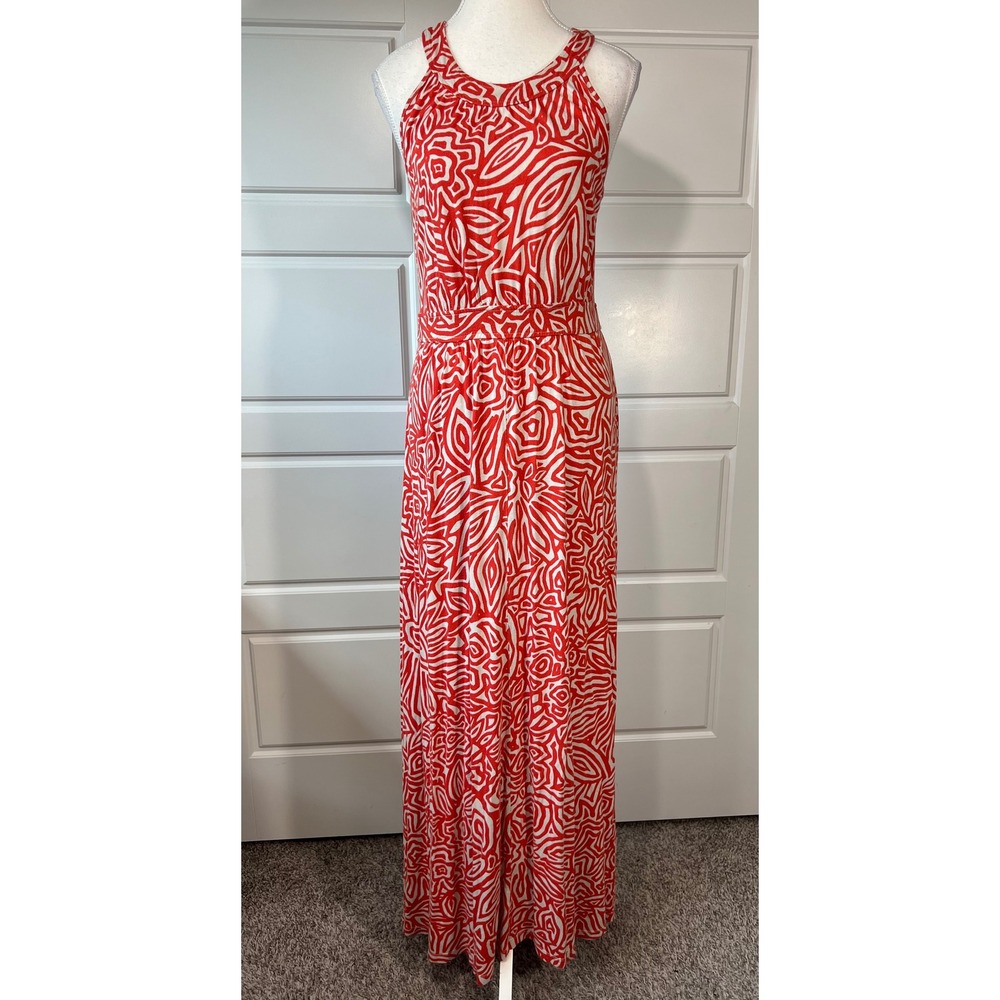 Banana‎ Republic Maxi Dress Medium Tomato Red Tan Abstract Halter Sleeveless